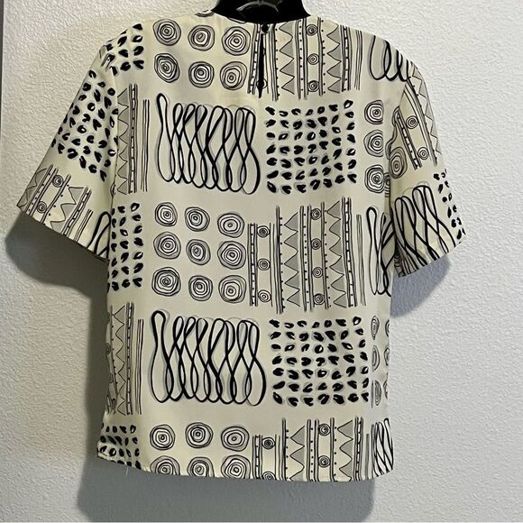 VTG 90s RENAISSANCE SPORTSWEAR Boxy Geometric Scribble Cream Black blouse S - Picture 4 of 12